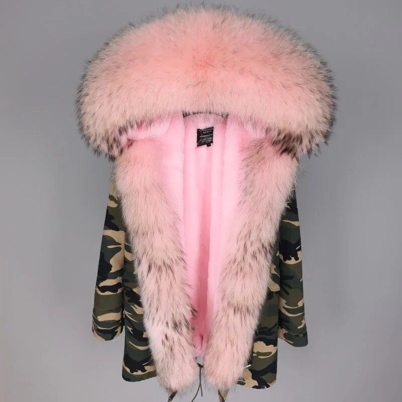 Authentic Natural Raccoon Fur Long Sleeve Warm Winter Parka Jacket w/Fur Hoodie