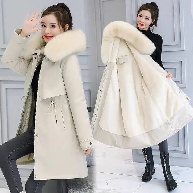 Winter Fur Lining Hoodie Belted Coat- Women's Hooded Parka w/Belt