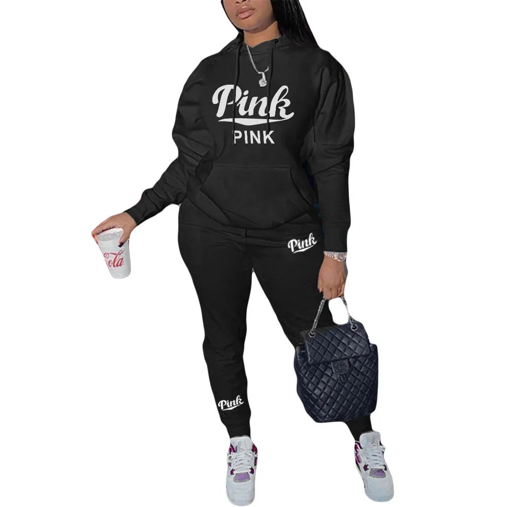 Hooded Two Piece Letter Print Casual Tracksuit Sweatsuits