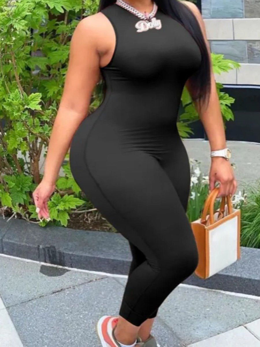 Plus Size Round Neck Jumpsuit- Sporty Sleeveless Rompers
