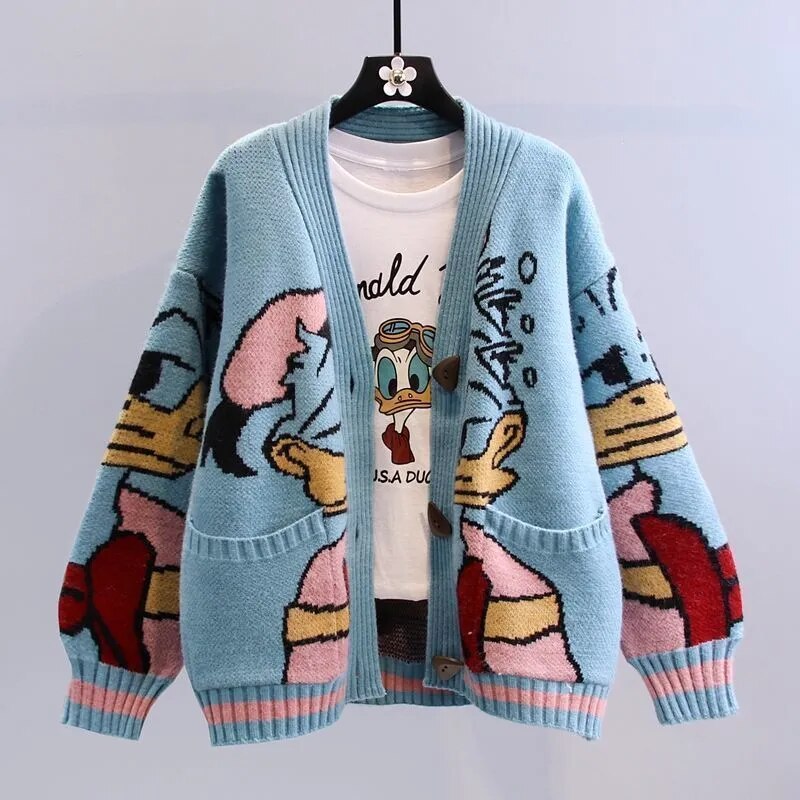 Disney Knitted Cardigan Cartoon Sweaters for Women- Autumn and Winter Loose Thicken Kawaii Tops