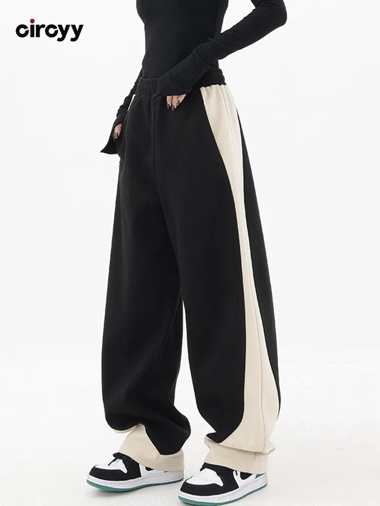 Loose Spiral Patchwork Elastic Waist Wide Leg Pants- Streetwear Fashion Black Trouser Sweatpants