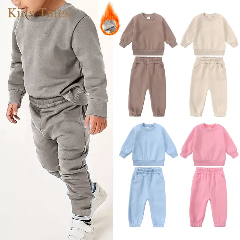 Kids Boys Girl Essential Clothes Set Toddler Solid Fleece Crewneck Sweatshirt+Jogger Sweatpants 2Pieces Children Sport Tracksuit