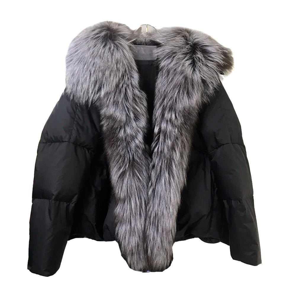 White Duck Down Winter Jacket - Loose Natural Real Fox Fur Thick Collared Warm Outerwear -Oversize Puff Coat