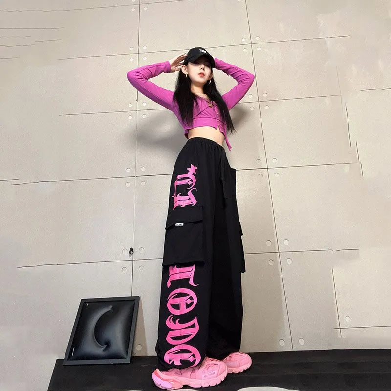 Black Pink Printed Hip-Hop Streetwear Loose Sweatpants