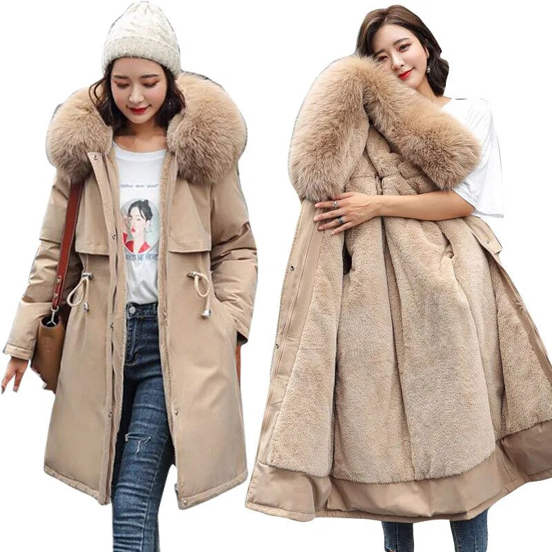 Winter Fur Lining Hoodie Belted Coat- Women's Hooded Parka w/Belt