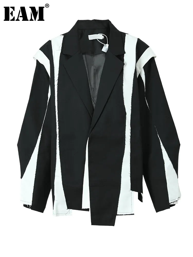 [EAM]  Women Black Irregular Color-block Big Size Blazer New Lapel Long Sleeve Jacket Fashion Tide Spring Autumn 2023 1DF3080