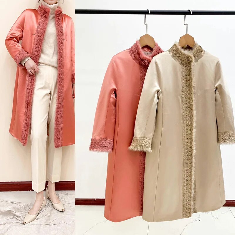 2023 Limited Edition Artificial Authentic Silk Pressed Champagne Pink Fur Coat - Thick Warm Winter Coat Outerwear