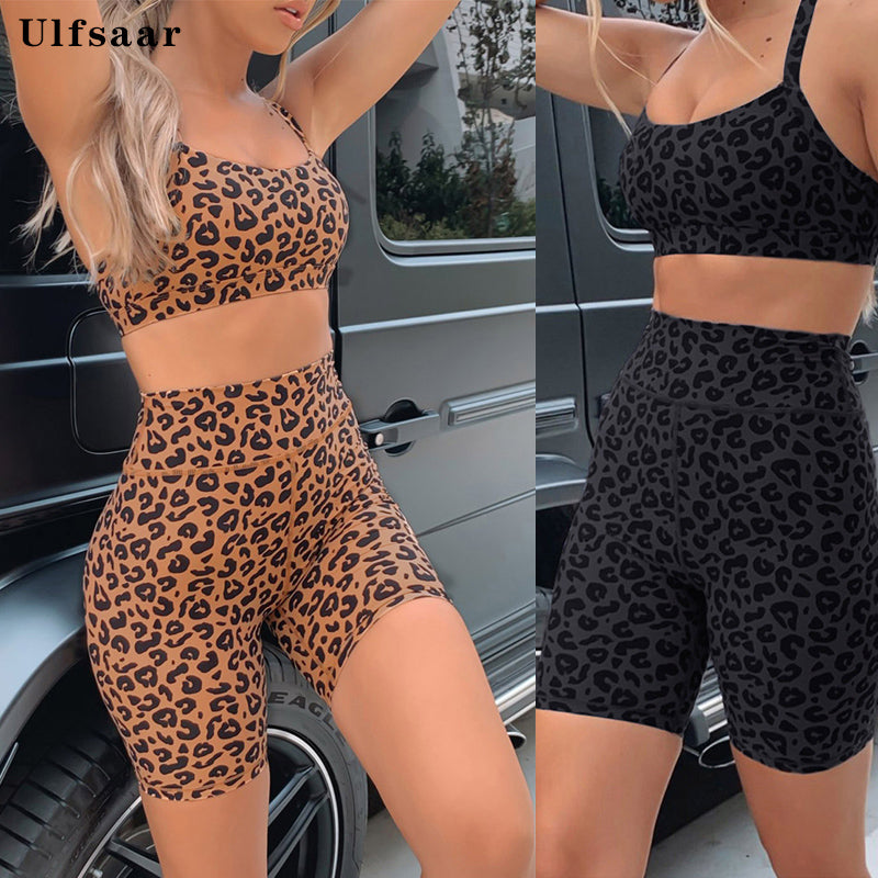Leopard sportswear fitness sports bra fitness workout running shorts gym activewear