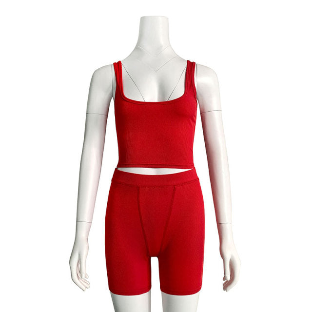 Sleeveless crop top shorts leggings running sportswear tracksuit women's set activewear sports gym exercise workout