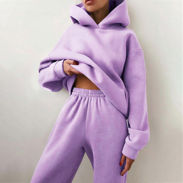 Two piece fleece oversized hoodie long joggers Sweatpants tracksuit activewear sportswear gym workout fitness exercise gym running women