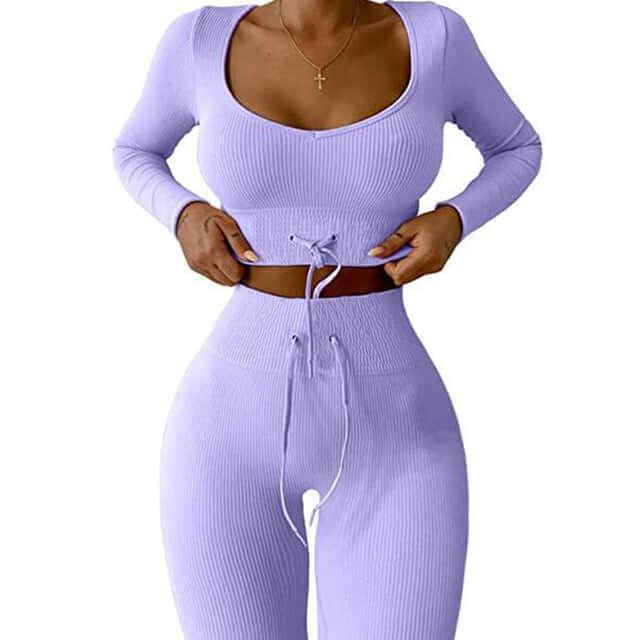 Long sleeve knitted fitness gym workout women's activewear crop top joggers trousers gym leggings