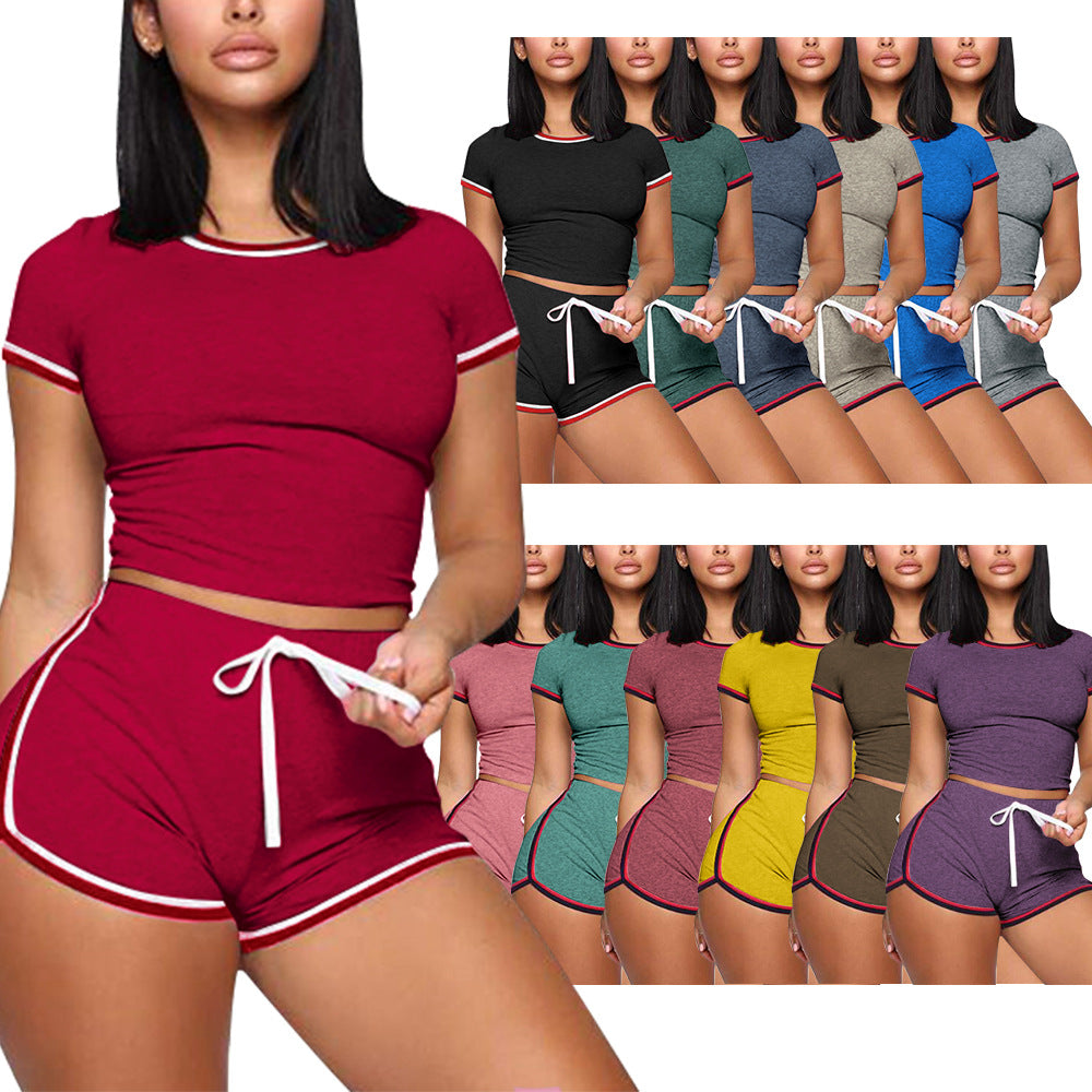 Women's two piece gym crop top Exercise workout shorts gym yoga running training sports sportswear activewear short sleeve fitness