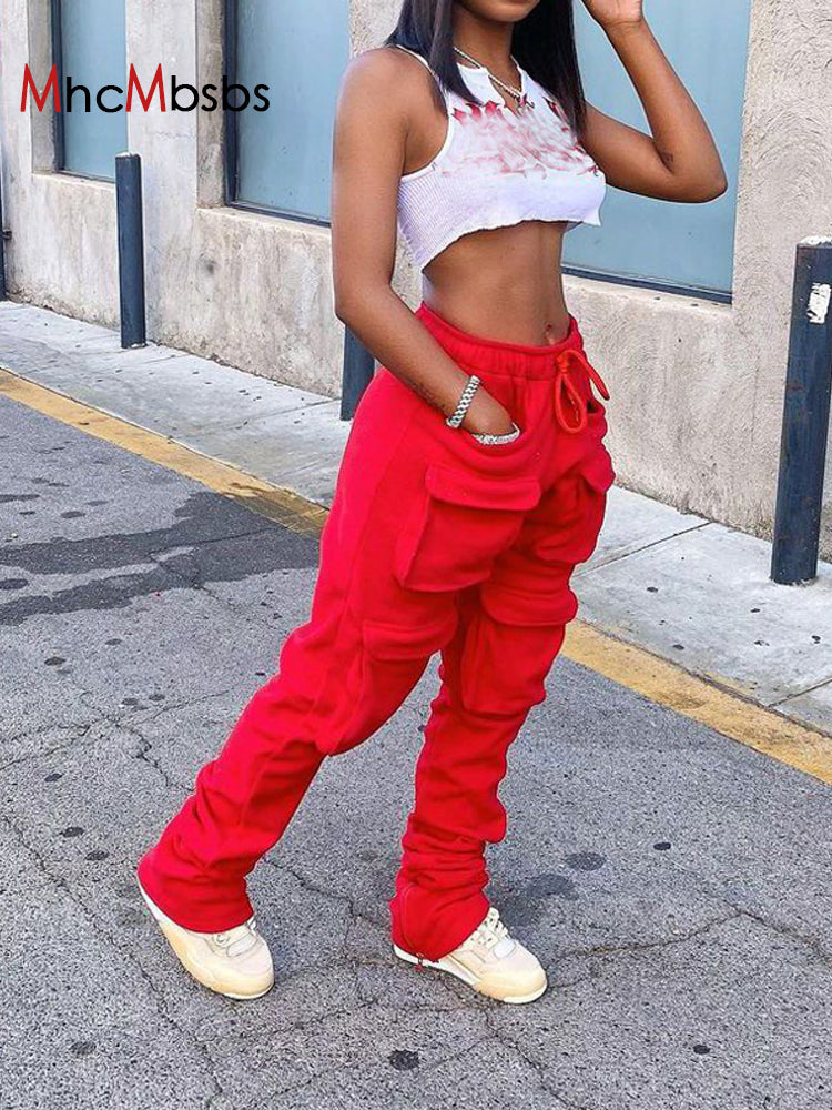 Red Stacked High Waist Joggers Sweats