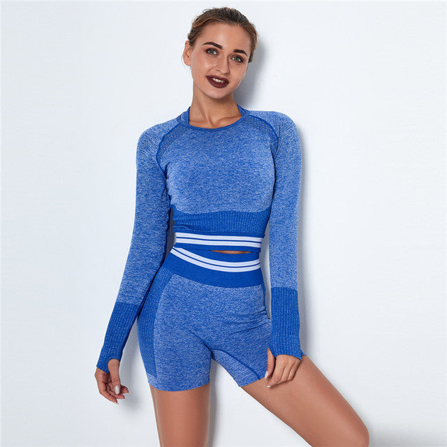 Sports long sleeve crop top shorts leggings athletic tracksuit gym yoga workout fitness exercise running pilates